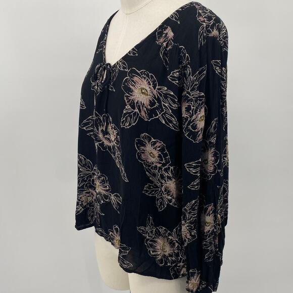 Amuse Society Floral Print Blouse Top Keyhole Tie Neckline Black Light Pink S - Picture 4 of 8